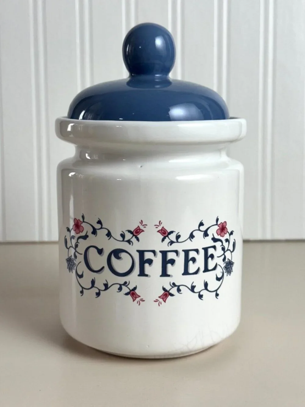 Vtg 90s Jay Ceramic Coffee & Tea Canisters Jars Blue & White Floral Cottagecore